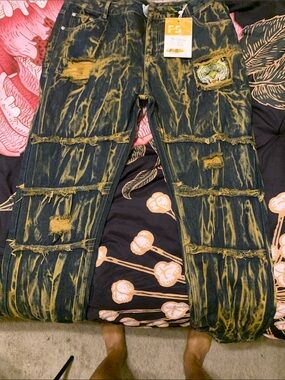 Distressed Tie-Dye Dark Blue & Mustard Jeans